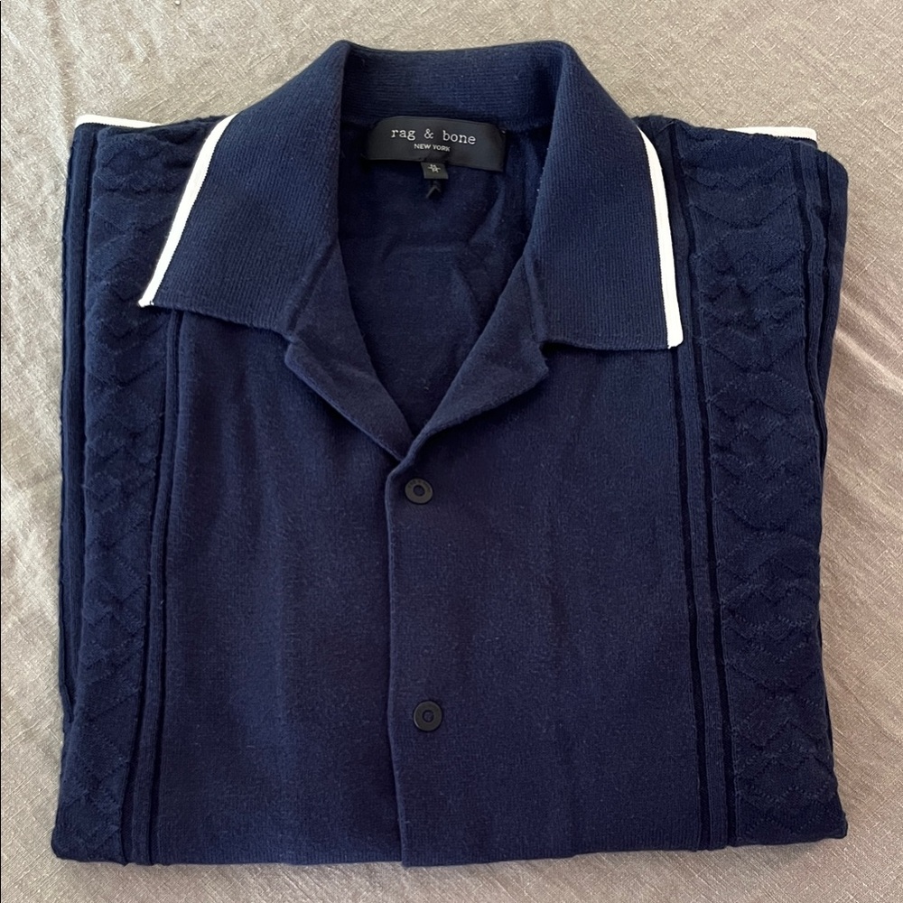 rag & bone Navy Knit Polo with White Collar Piping